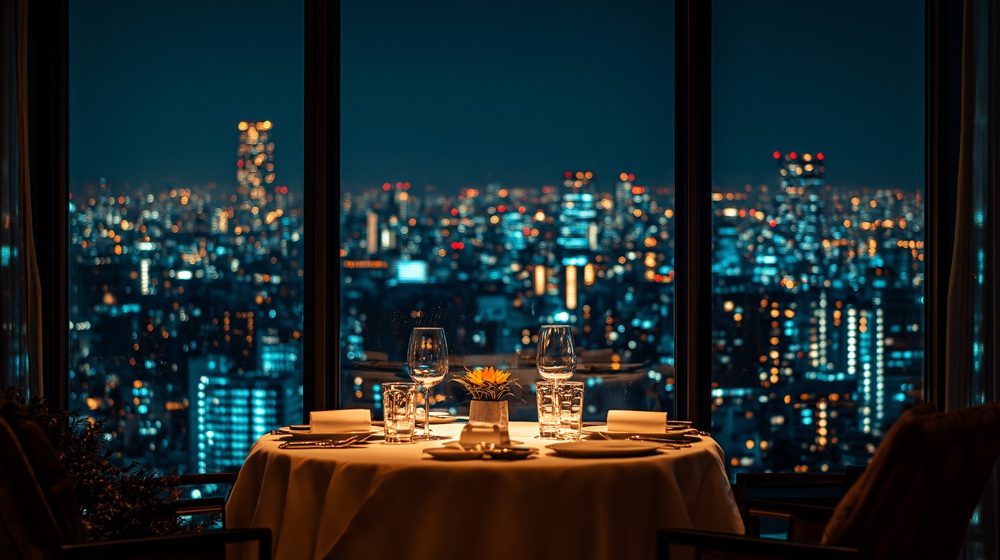 夜景の見えるレストランでのプレミアムディナー