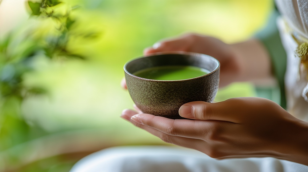 茶道体験で抹茶を点てる様子と美しい茶碗